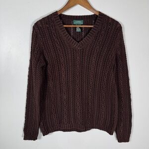 Lauren Ralph Lauren Women's V-Neck Cable Knit Sweater Brown Cotton Size Small